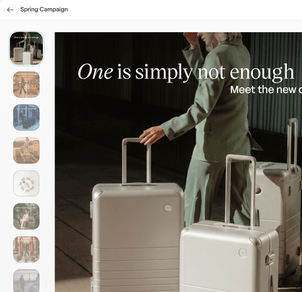 Hightouch Ad Studio UI editing a 'Spring Campaign' luggage ad with the headline 'One is simply not enough — Meet the new collection,' a sidebar of size variant thumbnails, and a brief panel detailing message and hook strategy.